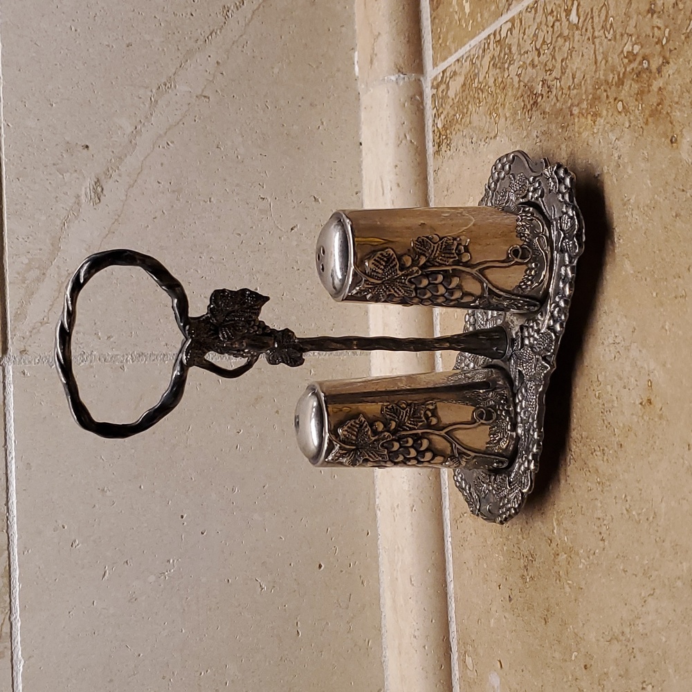 50s silver-plated salt pepper S&P in carrier holder grapevine patteen